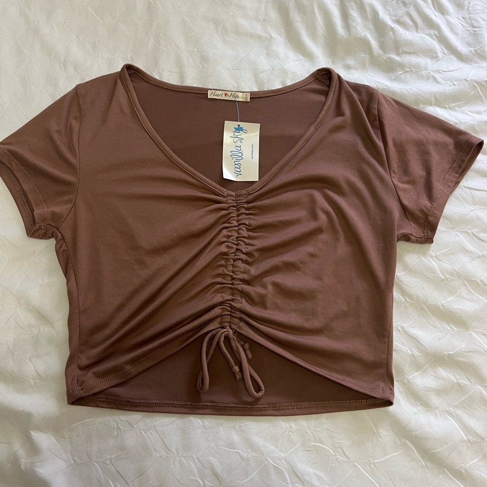 Heart Hips from Vanilla Sky Brown Ruched Tie Front Crop Top